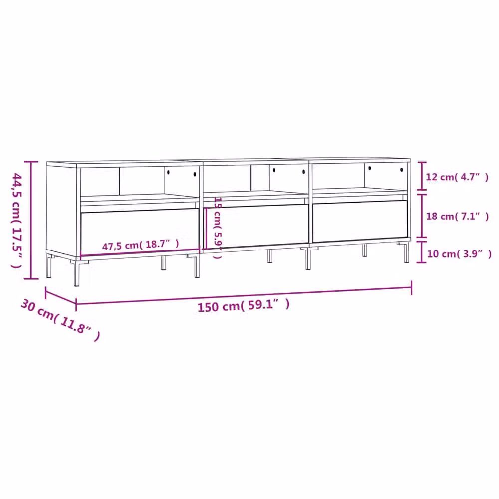 Berkfield Home Industrial TV Cabinet in Concrete Grey, W: 150 cm, D: 30 cm, H: 44.5 cm – 2