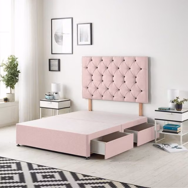 Somnior Beds Ltd Pink Velvet Upholstered Divan Bed Base with Drawers W/D/H: 180 x 200 x 34.5 cm