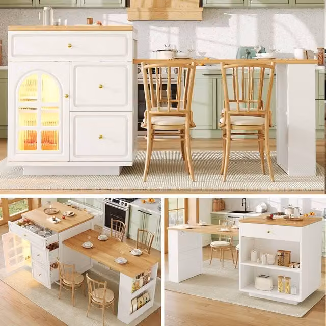 Rolipo Extendable Kitchen Island Bar Table with Storage and LED Lights in White – 1