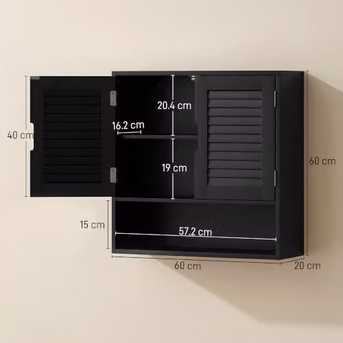 HOMCOM Modern Black Wall Mounted Bathroom Cabinet with Hinged Doors and Internal Shelves, W: 60 cm, D: 20 cm, H: 60 cm – 3