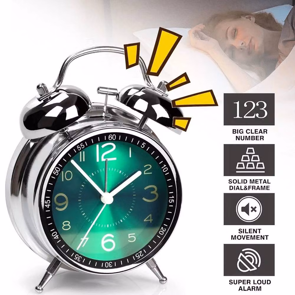 NESTLUNE Super Loud Double Bell Bedside Alarm Clock in Silver W/D/H: 100 x 100 x 16 cm – 4