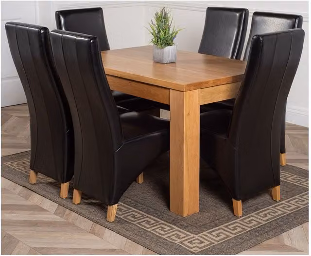 Thats Furniture Dakota Oak Dining Table and 6 Lola Black Leather Chairs Set, W: 127 cm, D: 82 cm