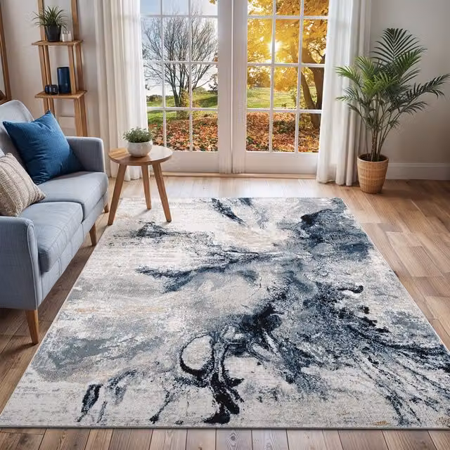 Livabliss Jolie Abstract Modern Marble Round Rug in Blue, Grey and Beige, Diameter: 160 cm