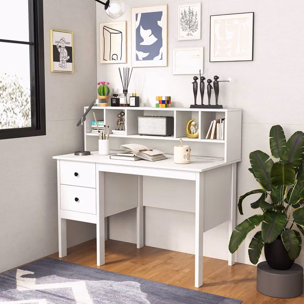 Costway Modern White Computer Desk with Power Outlets and Drawers, Width: 120 cm – 2
