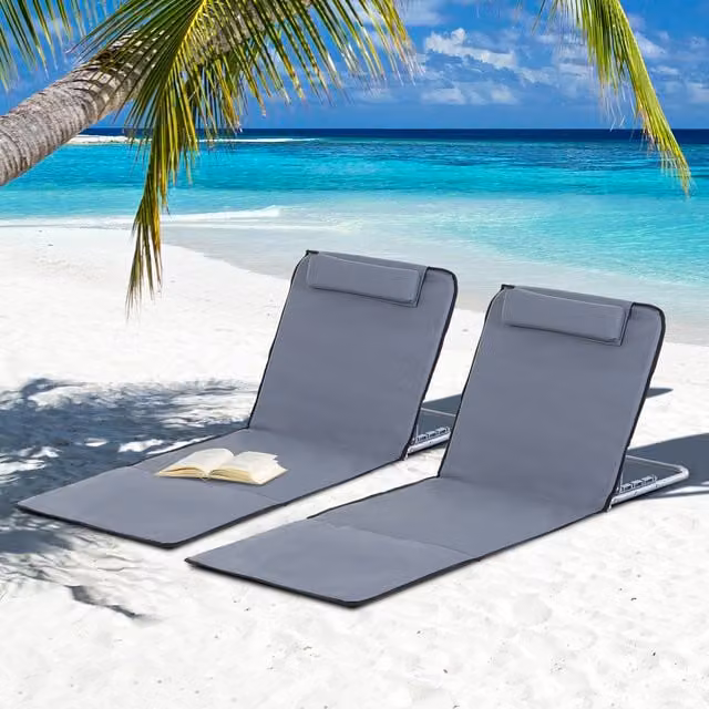 Outsunny Set of 2 Grey Beach Mat Seats with Multi-Position Glide