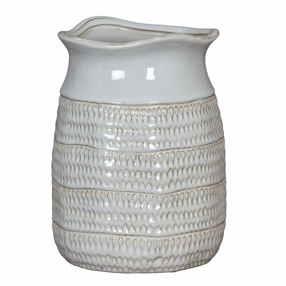 Wyld Haus Saffron Cylinder Hewn Ceramic Vase in White with Scandi Geometric Pattern – 2