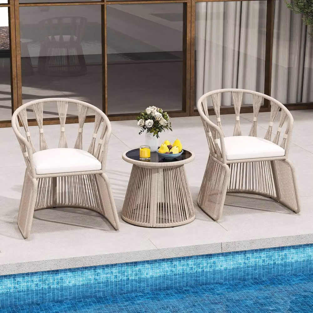 Costway 4 Piece Patio Furniture Set with 3 Rope-Woven Armchairs and Glass Top Table in Beige and Multicolour – 5