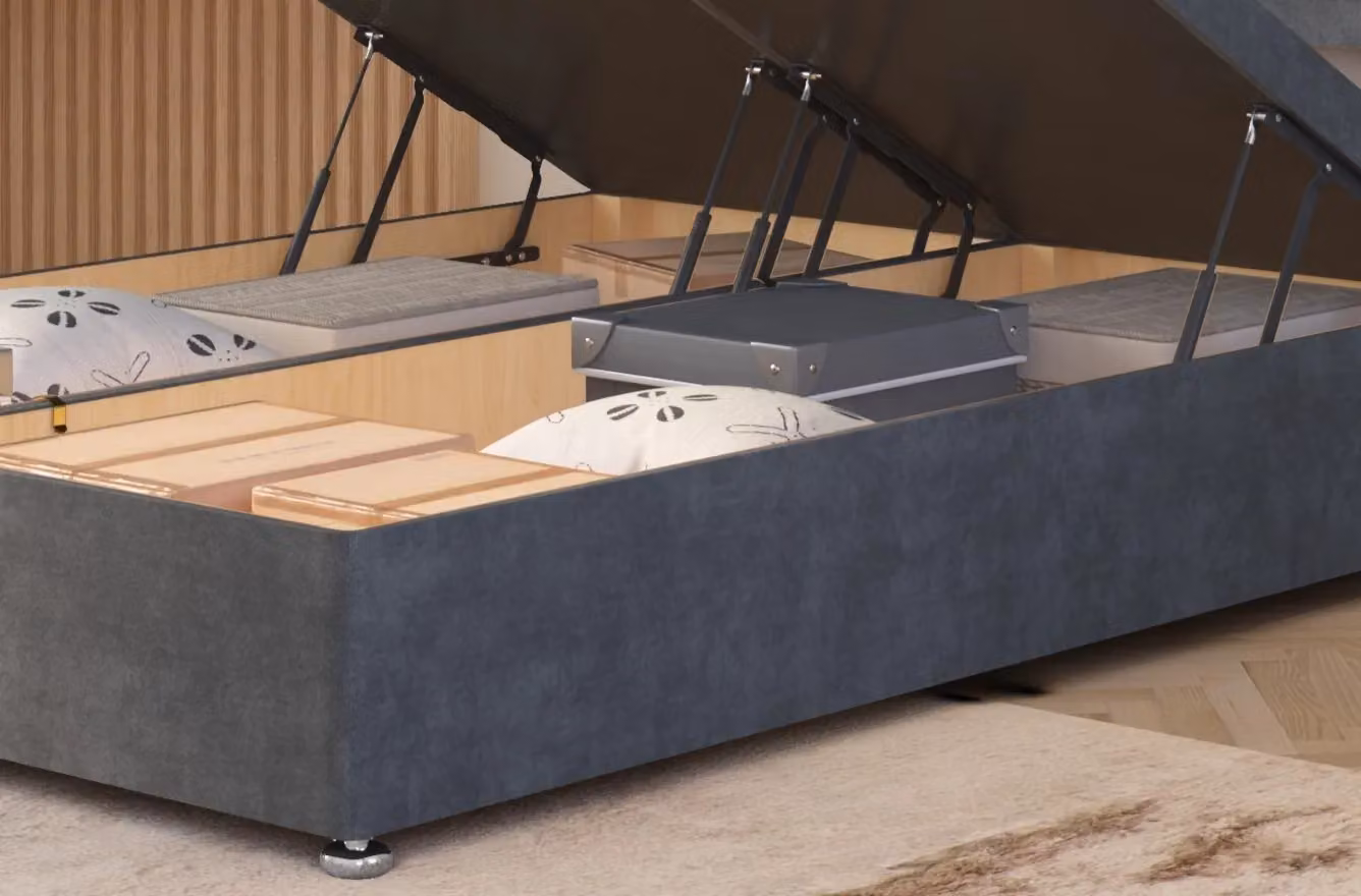 Somnior Ziggy Silver Plush Velvet Ottoman Bed Base with Floor Standing Headboard, W/D/H: 140 x 200 cm – 2