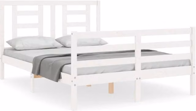 Berkfield Home Solid Wood Pine Bed Frame with Headboard in White, W/D/H: 140 x 190 cm