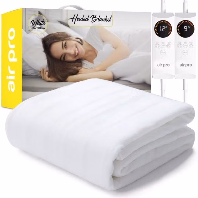 Air Pro Fleece Electric Blanket Fully Fitted Mattress Cover with Detachable Dual Controllers and Elastic Straps, White, W: 135 cm, D: 190 cm, H: 1 cm