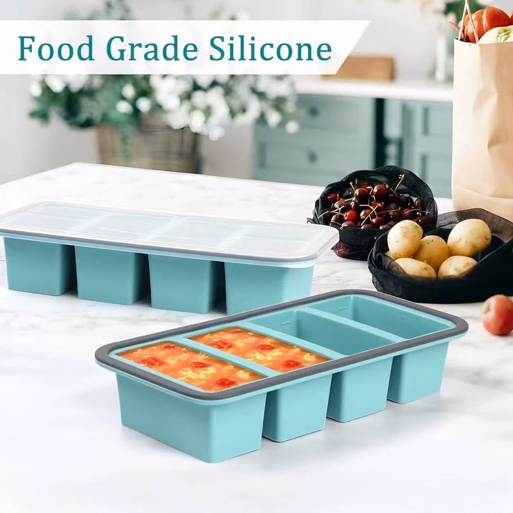 Hinsinc 2-Piece Silicone 4-Compartment Freezer Trays with Snap Lids in Turquoise – 3