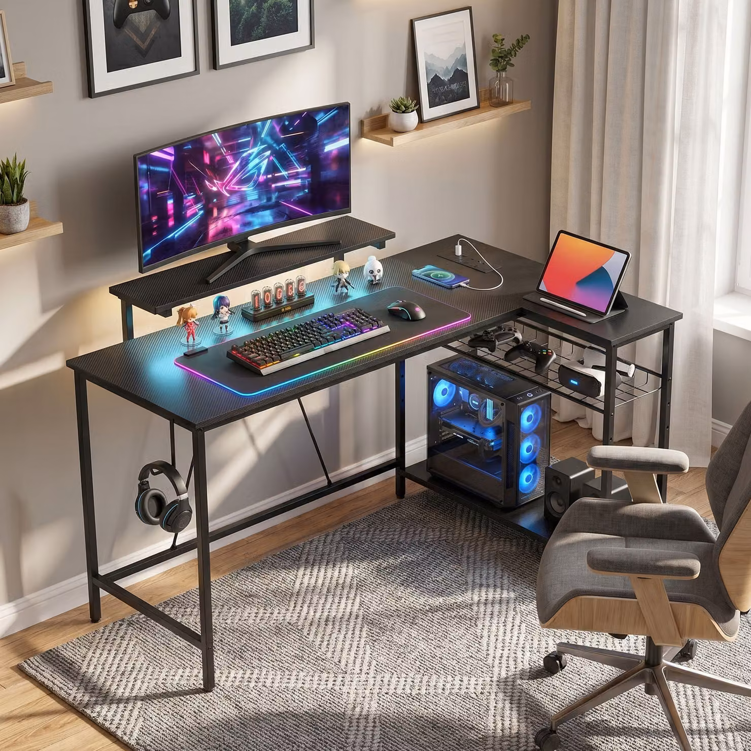 HOMCOM Reversible L-Shaped LED Gaming and Work Desk in Black – 2