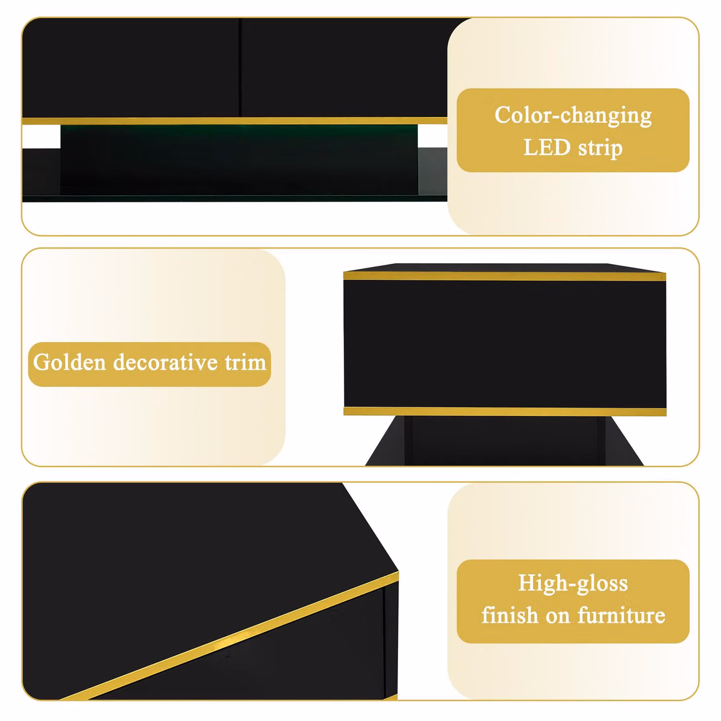 Aosom Modern LED Coffee Table with USB-Powered Colour-Changing Light Strip and 3 Drawers, Black, W: 100 cm, D: 50 cm, H: 40 cm – 6