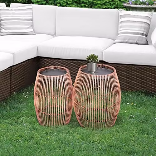 Teamson Home Brown Bamboo Wicker Round Drum Patio Side Table and Plant Stand – 3