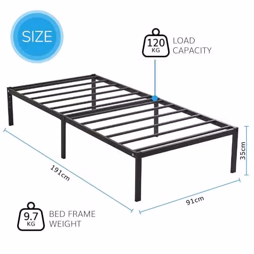 House of Home Single Modern Metal Bed Frame in Black, W/D/H: 190 x 90 x 35 cm – 2