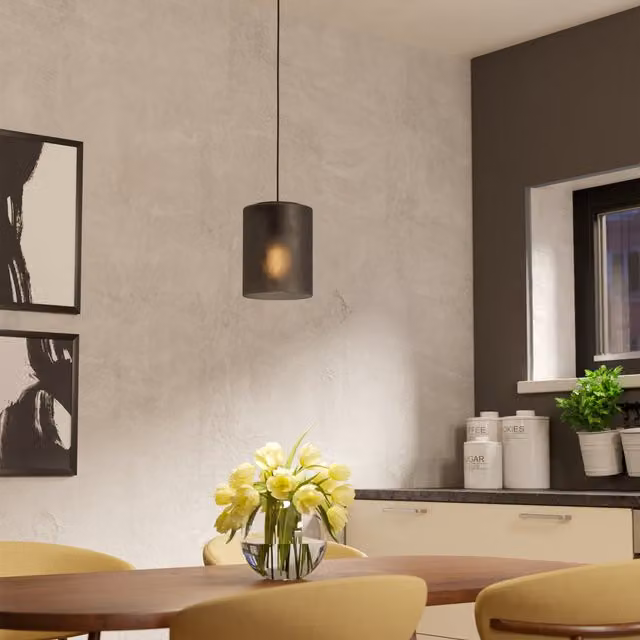 Eglo Colomera Modern Minimalist Cylinder Pendant Light in Black and Grey Metal and Glass