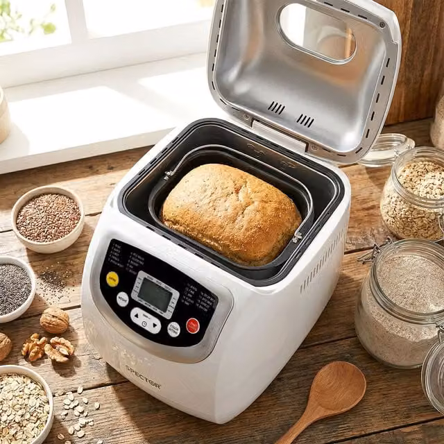 Spector Automatic Bread Maker with 19 Programs and Timer, White Stainless Steel