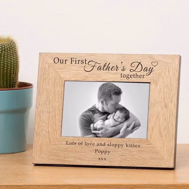 Uniqueful Personalised Our First Father's Day Wooden Photo Frame in Brown, W/D/H: 19.5 x 19.5 x 24.5 cm