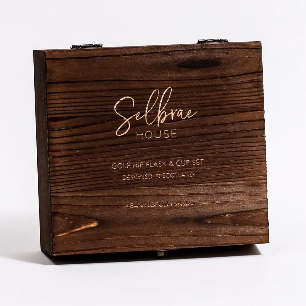 Selbrae House Hip Flask and Cup Set in Brown with Golf Design – 3
