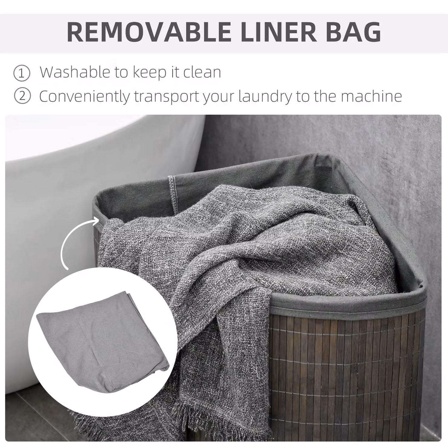 HOMCOM 55L Bamboo Corner Laundry Hamper with Lid and Removable Cotton Bag, Grey – 3