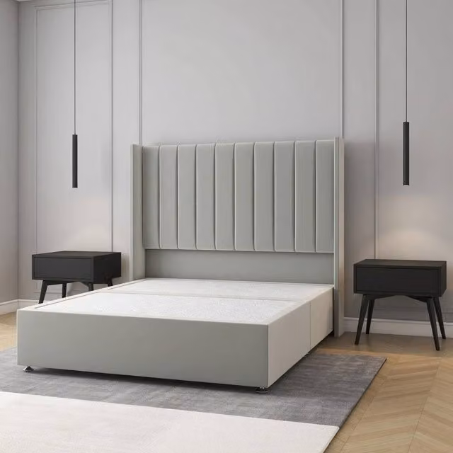 Regional Furnishings Super King Plush Velvet Divan Bed with 54 inch Headboard in Silver, W/D/H: 200 x 200 cm