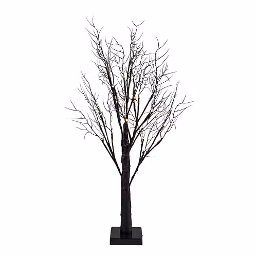 Lights4fun Halloween Pre-Lit Black Twig Tree with 24 Warm White LEDs and Timer, Height: 70 cm – 2