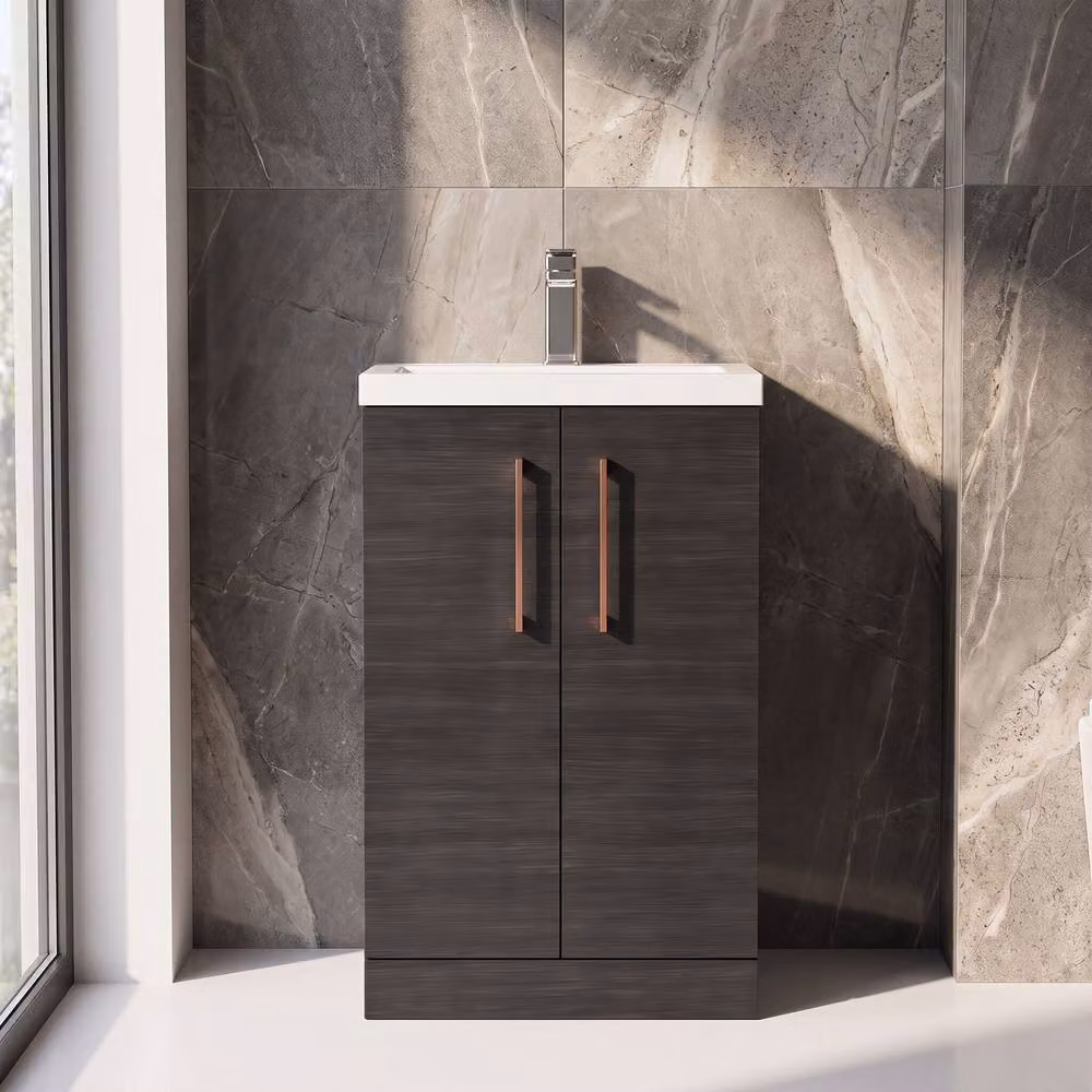 Balterley Modern Black Wood Freestanding Bathroom Vanity Unit with Soft Close Doors and LED Lighting, Width: 50 cm – 5