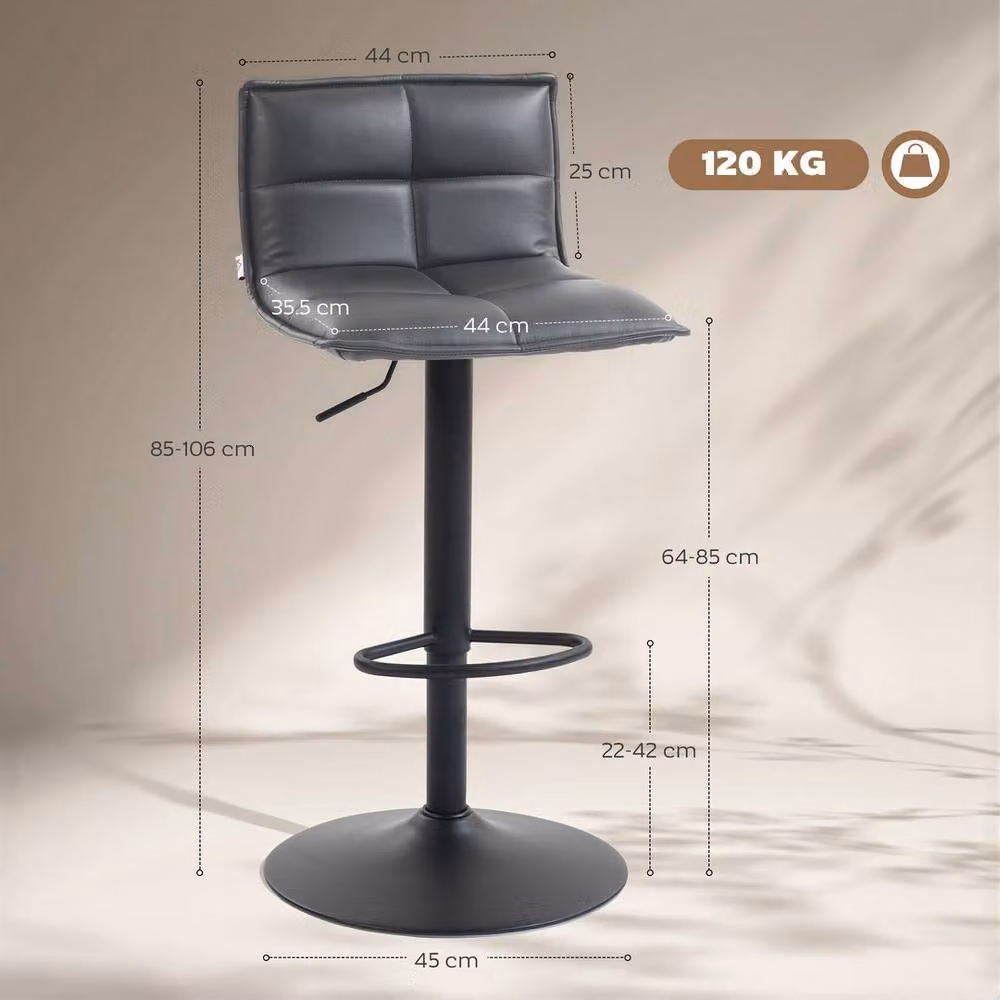 KORVIXA Set of 2 Dark Grey Swivel Height Adjustable Bar Stools with Synthetic Leather and Metal Frame – 2