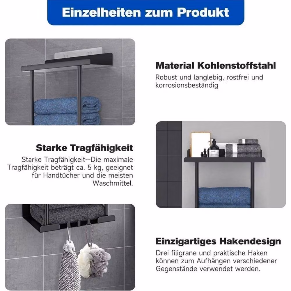 Kelvenix Black Metal Wall Mounted Towel Rack and Storage Shelf with Hooks – 4