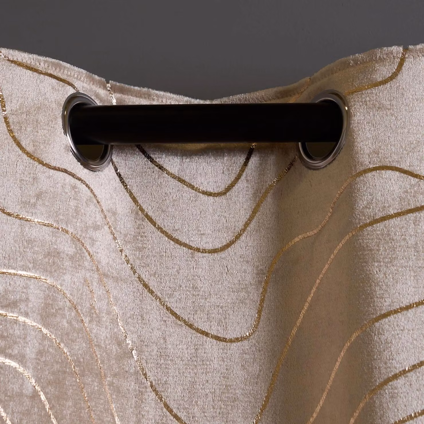 OHS Velvet Eyelet Curtains with Metallic Foil Wave Design in Beige, Thermal Insulating, Pair, Width: 229 cm, Drop: 229 cm – 4