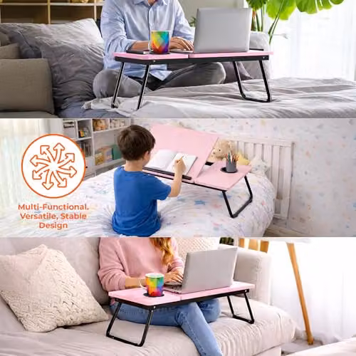 iTrend 2-in-1 Foldable Laptop Desk with Adjustable Tilt and Cup Holder, Pink – 3