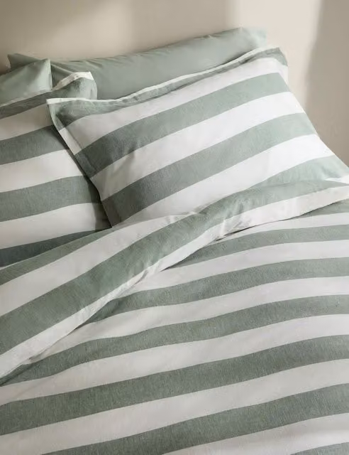 M&S Green Mix Striped Linen Blend and Cotton Reversible Duvet Cover, 140 x 200 cm