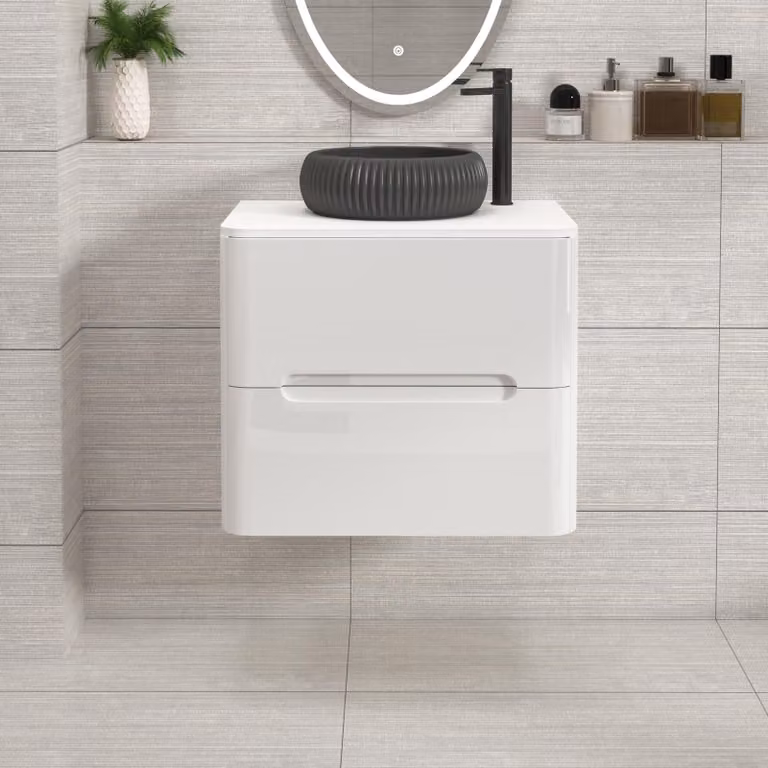 Royal Bathrooms Venice 600mm Gloss White Wall Hung Vanity Unit with 2 Drawers, Plain White Worktop and Milan Black Basin