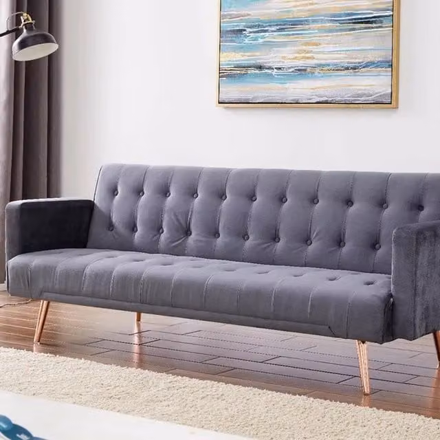 Comfy Living Grey Plush Velvet Click Clack Sofa Bed with Gold Metal Legs