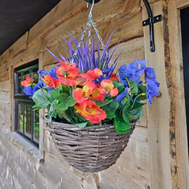 Best Artificial Ltd Purple and Multicolour Artificial Pansy Hanging Basket with Green Leaves and Rattan Detail