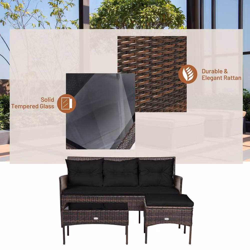 Costway 3 Piece Outdoor PE Rattan Patio Conversation Set in Black with Upholstered Cushions, 3 Seater Sofa, Coffee Table and Ottoman – 4