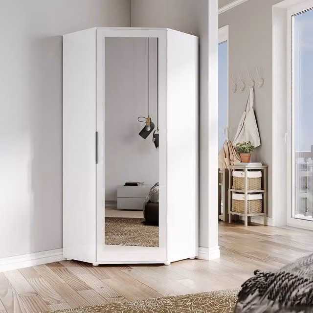 FORGEVIO Modern White Glossy Corner Mirrored Wardrobe with Hinged Glass Doors