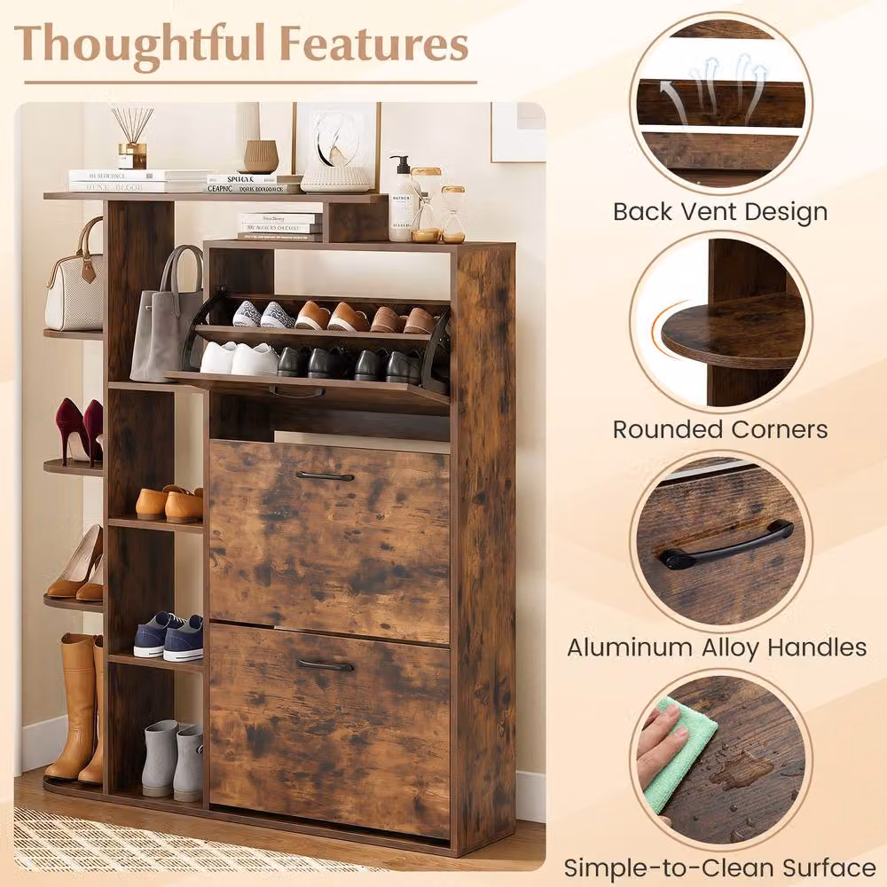 Costway Freestanding Shoe Storage Cabinet with 3 Tilting Compartments in Brown – 6