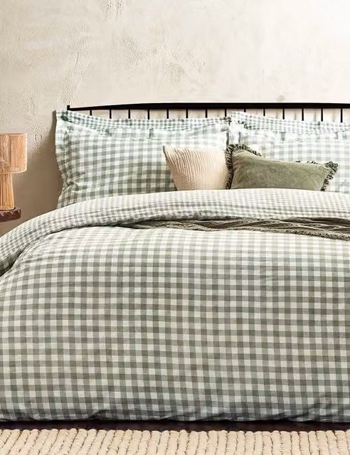 YARD Barton Gingham Checked Cotton Percale Bedding Set, Dark Green, 200 x 200 cm