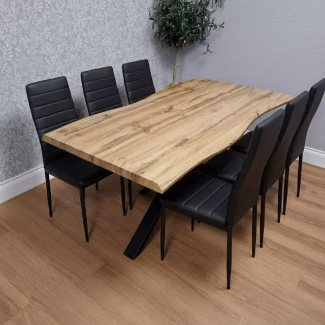 KOSY KOALA Modern Rectangular Wood Dining Table with 6 Black Faux Leather Padded Chairs in Brown