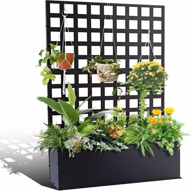 London Boutique Black Metal Raised Garden Bed with Trellis and Drainage Holes – 1