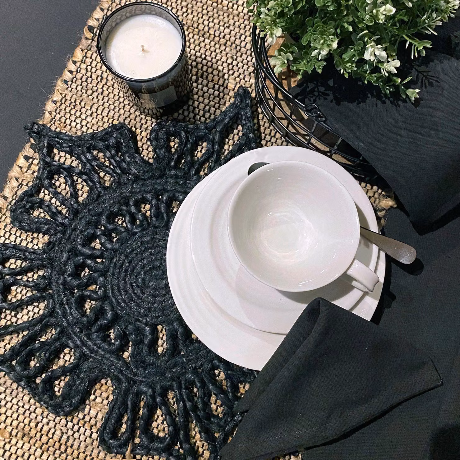 Esselle Severn Jute Floral Placemats, Black, Pack of 2 – 3
