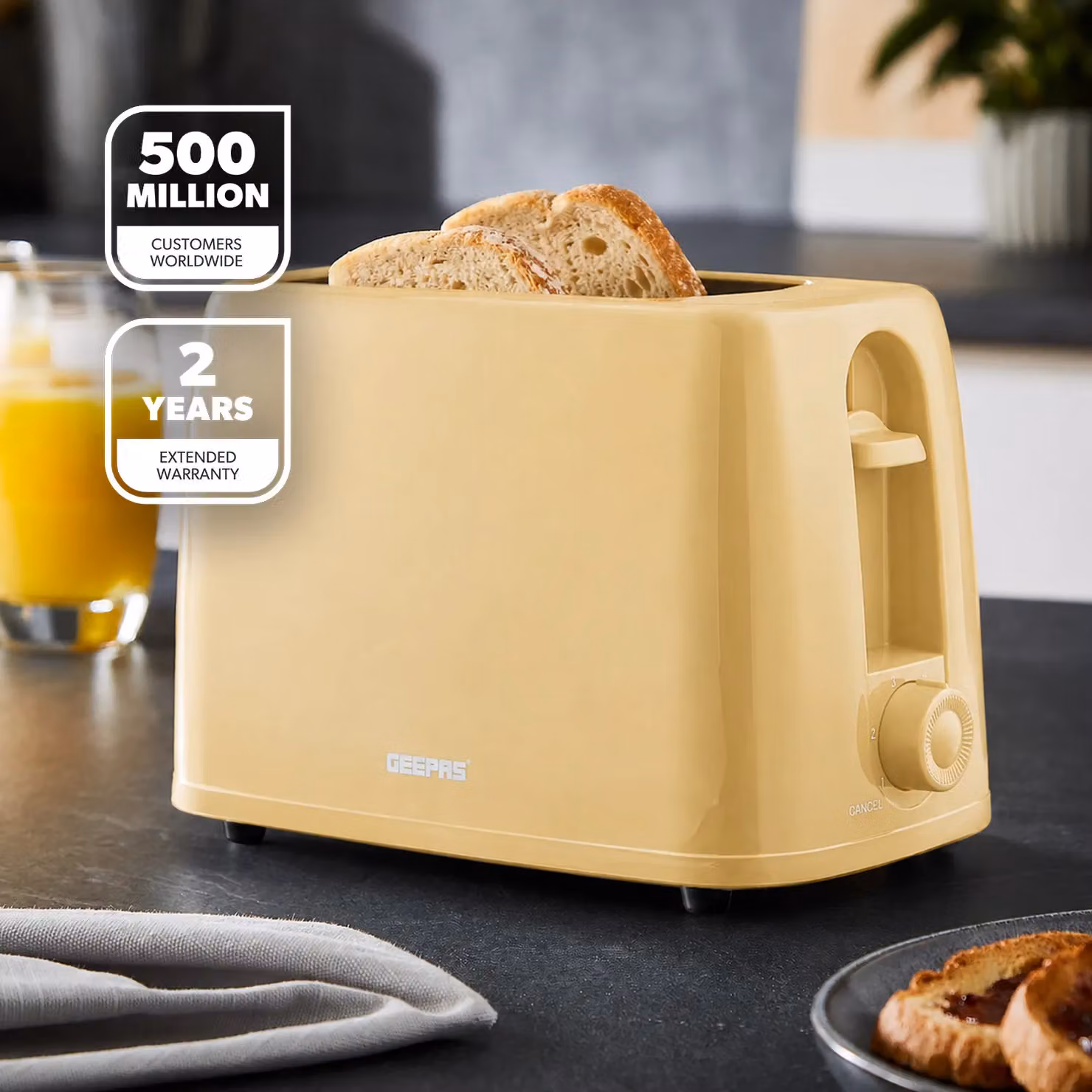 Geepas 2 Slice Bread Toaster with 6 Level Browning Control and Crumb Tray in Beige – 2