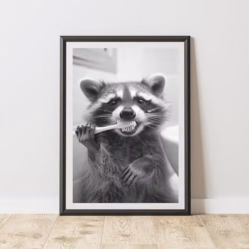 60 Second Makeover Raccoon Brushing Teeth Animal Print Paper Poster, A4