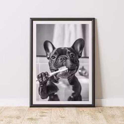 60 Second Makeover French Bulldog Brushing Teeth Animal Print Paper Poster, A3