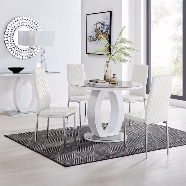 FurnitureboxUK Giovani Round Grey Dining Table and 4 Milan Chairs Set, Diameter: 120 cm, White