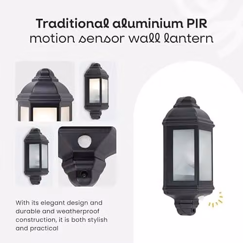 MiniSun Traditional White Aluminium and Frosted Glass Wall Mounted Lantern with PIR Motion Sensor and 10W Cool White LED Bulb