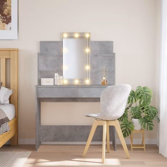 Berkfield Home Dressing Table with Hollywood LED Lights in Concrete Grey, W/D/H: 96 x 40 x 142 cm – 1