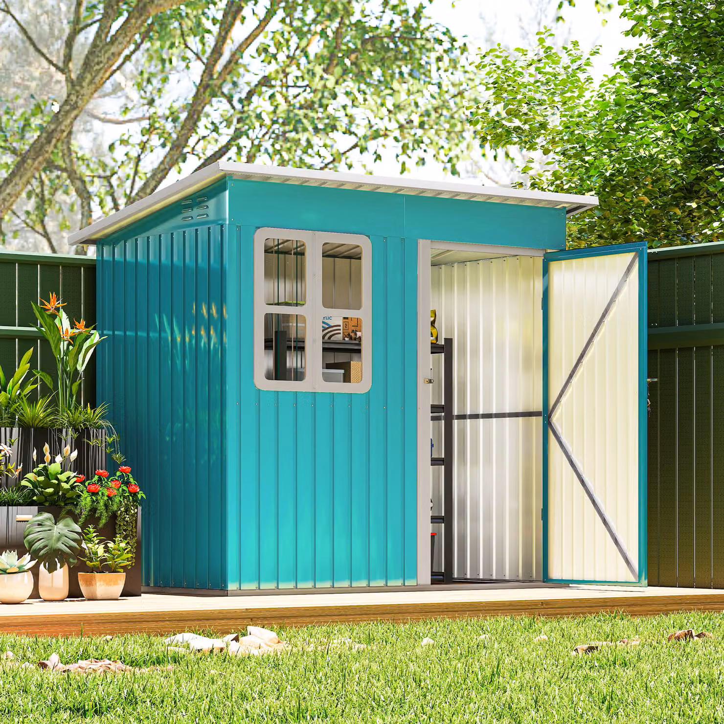 Outsunny Green Outdoor Storage Shed with Galvanised Steel Frame, Window, Lockable Door and Air Vents, W/D/H: 213.38 x 121.92 x 182.88 cm – 2