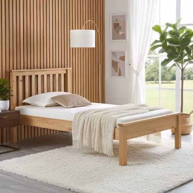 Amani Dorset Waxed Solid Pine Bed Frame with Slatted Headboard in Natural, Size: Double (140 x 200 cm)